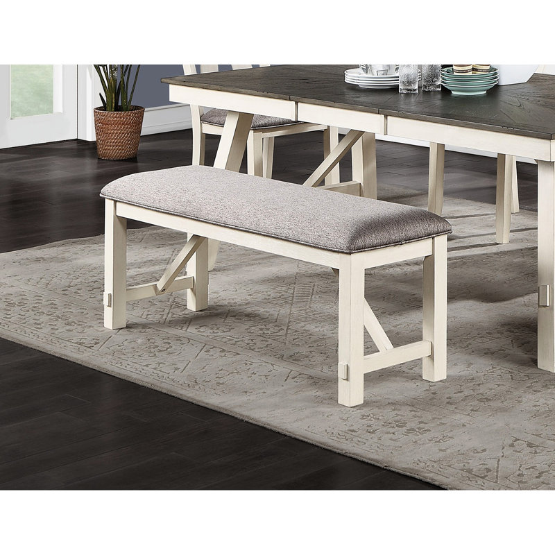 Banc de style moderne pour salle à manger avec tissu gris et structure blanche, lignes de rembourrage,