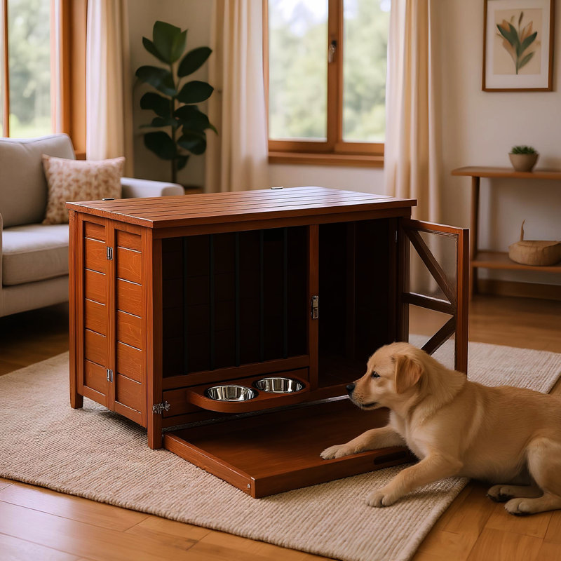 Cage pour chien moderne en bois massif 33 po, chenil pliable avec mangeoire pivotante à 360 ° pour coller votre chenil en noyer, articles de décoration rotatifs à capacité de poids élevée