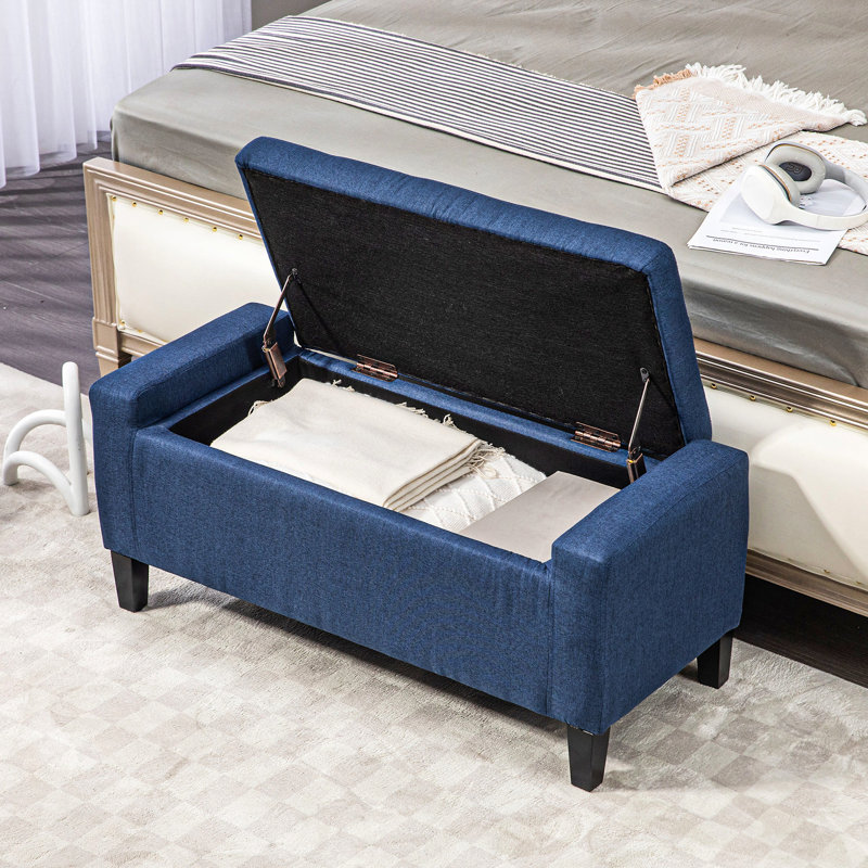 Repose-pieds avec rangement, banc de rangement rembourré en lin avec plateau relevable et capitonnage à boutons