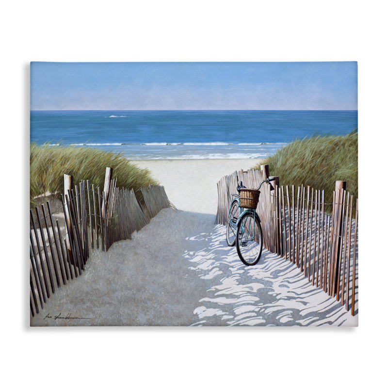 Plage, sentier de plage et bicyclette, peinture nautique d'été par Zhen-Huan Lu - Peinture, H 16 po x l 20 po, Toile tendue
