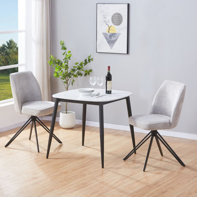 Aspen Gloss White Sintered Stone Square Table with 2 Swivel Upholstered Fabric Chairs - Modern Dining Set
