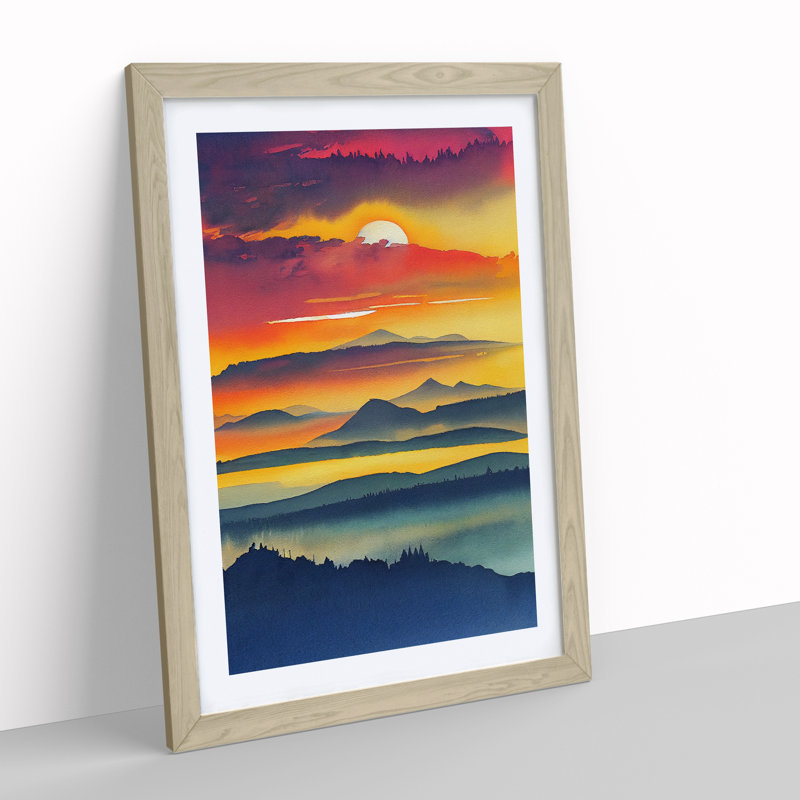 Sunset Mountain No.4 - Single Picture Frame Painting, 46cm H x 34cm W x 2cm D, Oak 