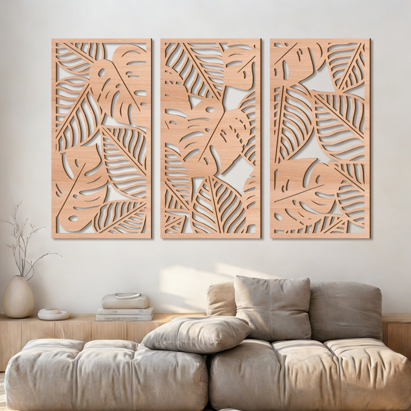 Boho Palm Leaves Hollow Cut Wall Art, Tropical Leaf Wood Wall Decor, Beige Monstera Plant Wall Sculptures For Living Room Bedroom Dining Room, Set Of 3 Each 16x32 Inch Thoughtful Gift Ideas