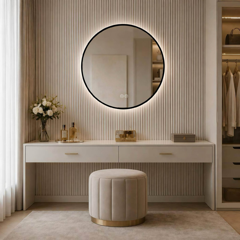 Miroir de salle de bain rond en aluminium noir de 61 cm (24 po) avec éclairage DEL - Miroir mural antibuée à intensité variable et 3 températures de couleur