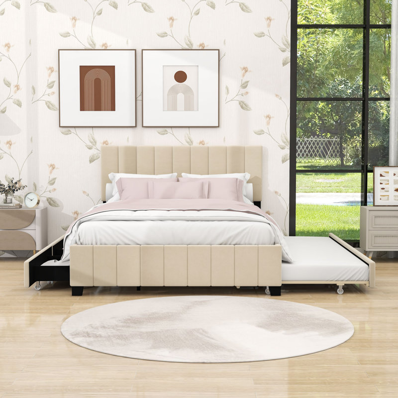 Queen Size Velvet Upholstered Platform Bed with 2 Drawers and Twin XL Trundle, Beige