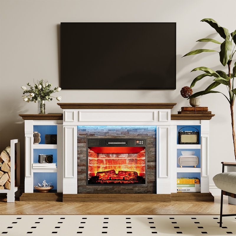Quwanna 72'' TV Stand For Tvs Up To 80'' With Electric Fireplace And Adjustable Shelves, White/Brown