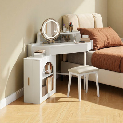 55 Inch Corner Vanity Desk with LED Mirror, Adjustable Lighting Dressing Table with Stool and Storage