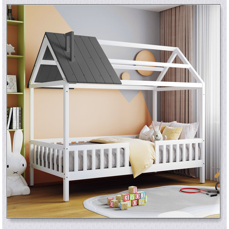 Wood House Bed With Fence, White/Gray, Twin