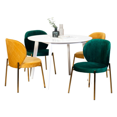 Table de salle à manger contemporaine 5 - Table ronde blanche avec 4 chaises relaxantes, bois d'hévéa massif, velours luxueux, ensemble de tranquillité et confort douillet, fabrication en bois d'hévéa, revêtement en velours, zone