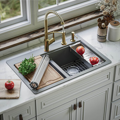 Quartz Top Mount Sinks 33'' L Drop-In Double Bowl Kitchen Sink