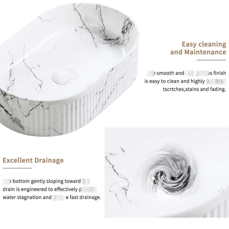 Lavabo de salle de bain ovale en marbre noir et blanc 19 x 12 pouces, lavabo en porcelaine en céramique avec motif unique, drain rapide en céramique, robinet à motif de bulles, lisse à bulles
