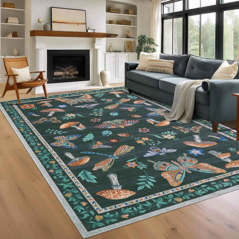Floral Machine Washable Rug with Non-Slip Backing, Soft Thin Low Pile Non Shedding Floor Carpet, Indoor Foldable Printed Accent Mat for Living Room/Nursery/Bedroom
