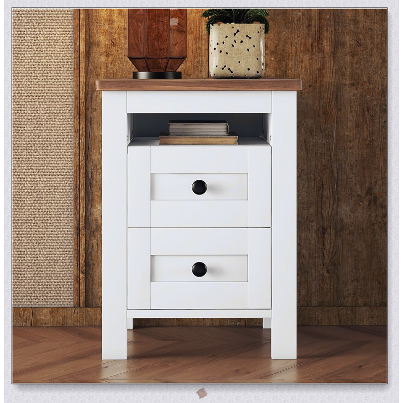 Table de chevet 2 tiroirs en bois de style campagne, Blanc