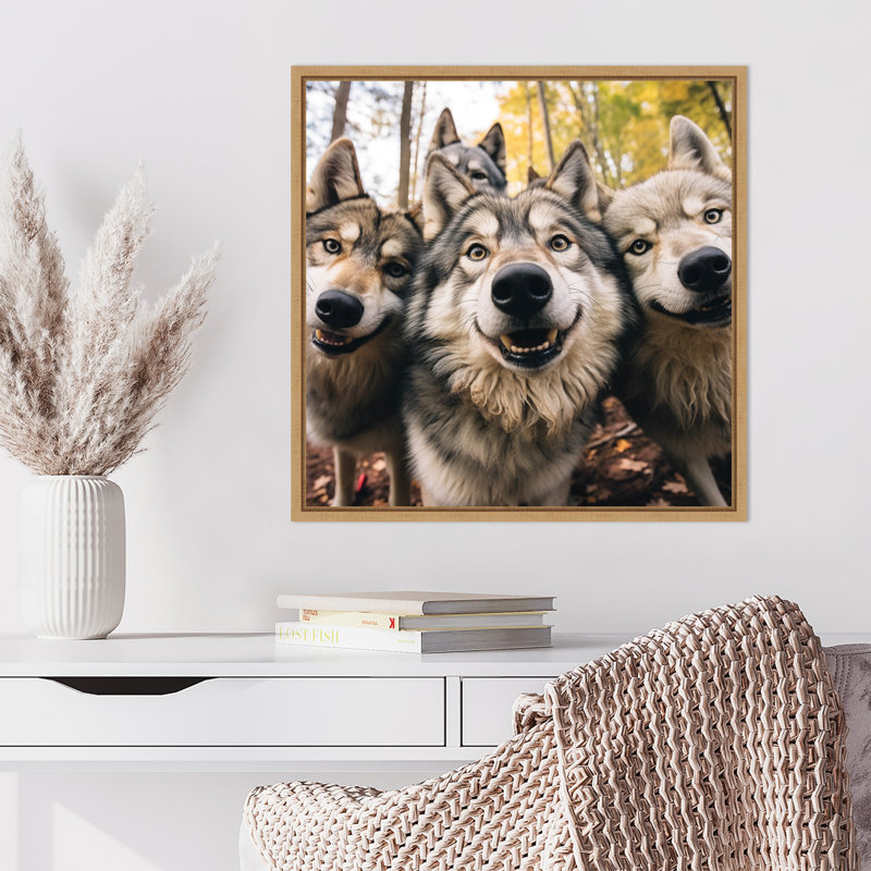 Funny Animal Wolf Selfie by The Creative Bunch Studio Framed Canvas Wall Art Print, Brown