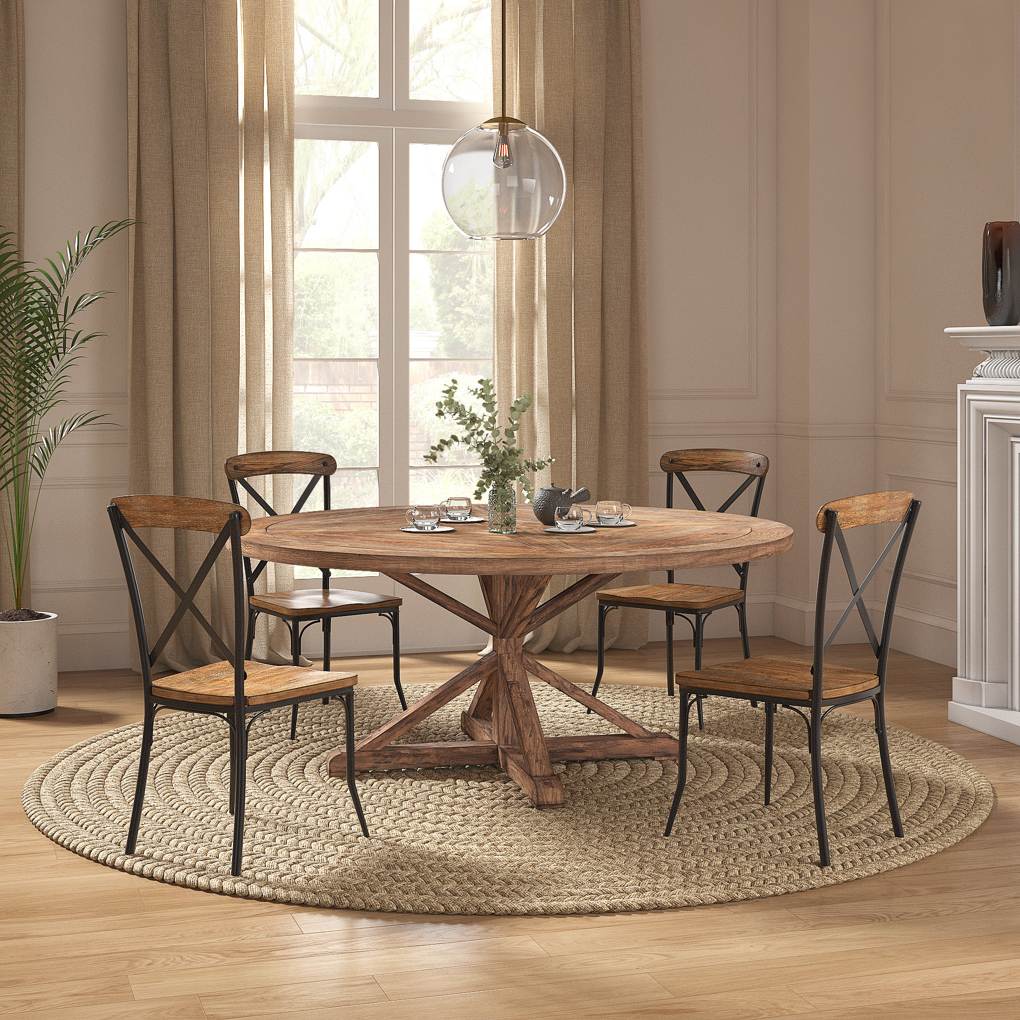 August Grove® Diskin Rustic X-Base Round Pine Finish Dining Table Set ...