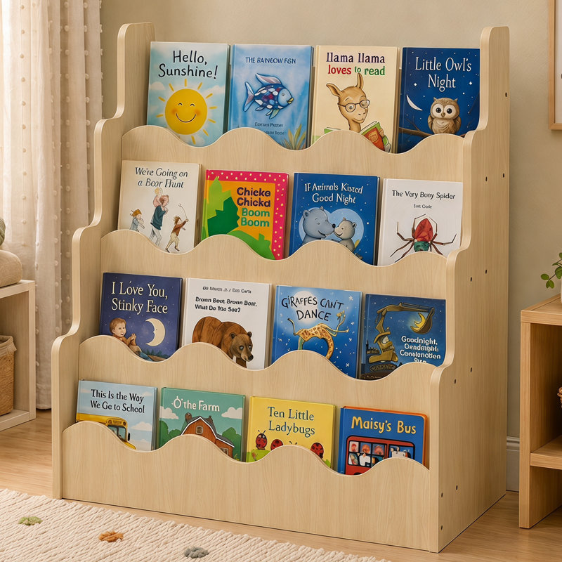 Étagère à livres festonnée à 4 niveaux pour enfants, étagère Montessori pour tout-petits, idéale pour la chambre d'enfant, la salle de jeux et la salle de classe.