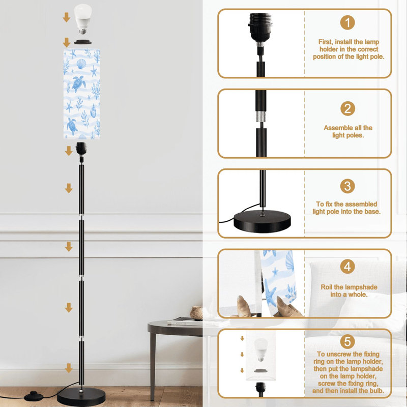 Lampe sur pied bleue transparente sous-marine avec objets de la vie, coquillages, étoiles de mer, coraux, mer, lampe sur pied à intensité variable avec télécommande, pédale, abat-jour, abat-jour, lampe de coin pour le salon, la chambre à coucher, le bureau