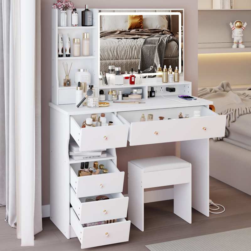 41" Large Size Left Drawer Desktop Vanity Table+Cushioned Stool Dresser Set, White
