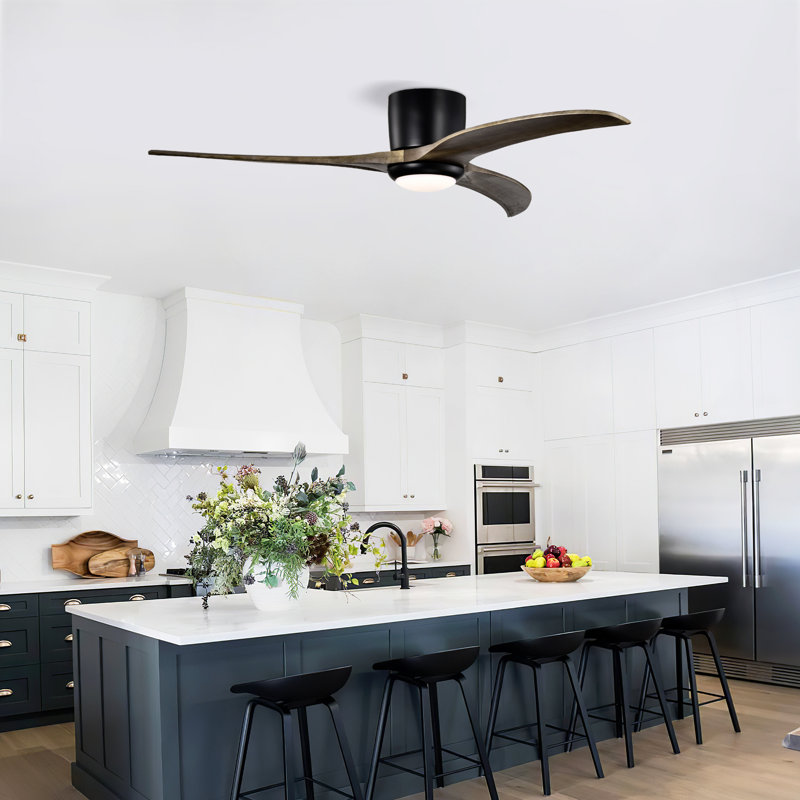 52" 3-Blade Solid Wood Flush Mount Ceiling Fan With Led Light & Remote Control, Black, Dark Brown Wood