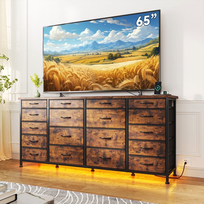 Meuble télé 18 tiroirs avec commode pour téléviseur de 65 po à 63 po de long avec lumières DEL et station de charge USB, Brun