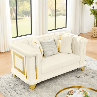 69 Inches Victorian Mid Century Beige Velvet With Gold Stainless Steel Details, Embroidered Design, 1 Fur & 2 Pillows, Soft Seating, Wood Frame Inches, Victorian, Century, Beige, , Embroidered,