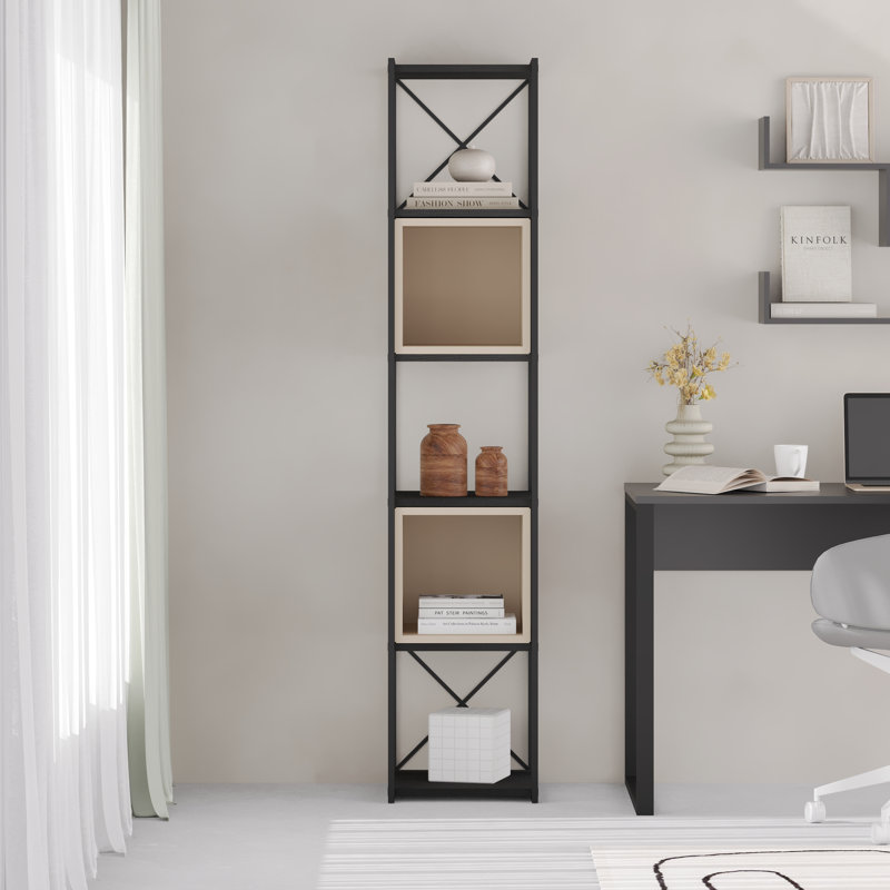 5-Shelf Slim Display Bookcase with Cross Metal Frame, Black/Sandstone