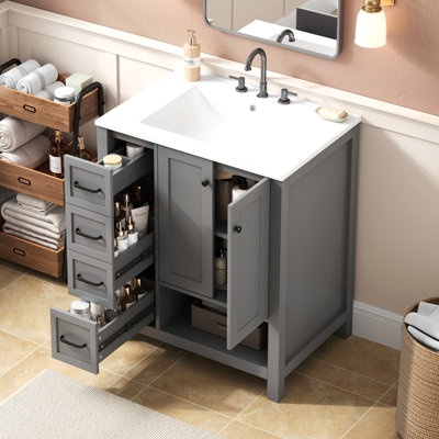 Meuble-lavabo 30 po avec comptoir, meuble-lavabo avec deux portes et deux tiroirs, bois massif, tablette ouverte, panneaux de fibres à densité moyenne, un paquet, gris