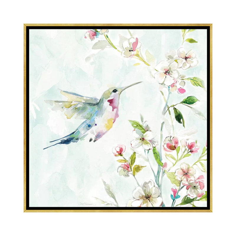 «Hummingbird III» par Carol Robinson - reproduction imprimée, H 18 po x l 18 po x 1,5 po, Toile encadrée d'or, Pas de tapis