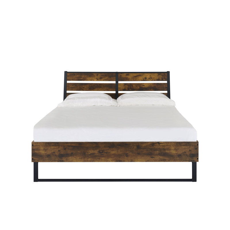 Très grand lit rustique en chêne rustique et noir - panneau de style industriel moderne avec placage en métal et en bois composite sans sommier tapissier