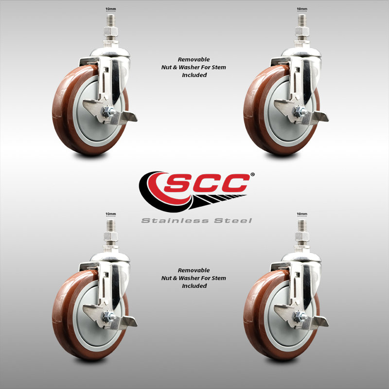 Ensemble de roulettes à tige filetée en polyuréthane marron de 5 pouces pivotant de 10 mm de 10 mm