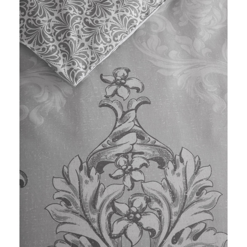 Floral Polycotton Duvet Cover Set with Matching Pillowcases Yarn Soft Bedding, Grey, King