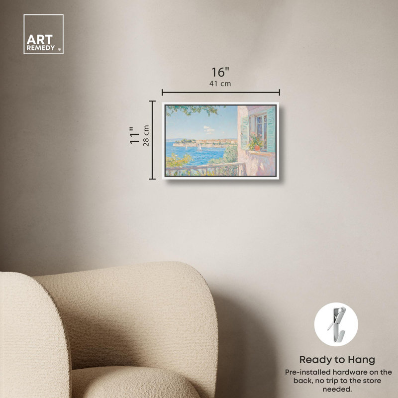 Toile vue méditerranée par Art Remedy, H 11 po x l 16 po, Blanc, Cadre flottant
