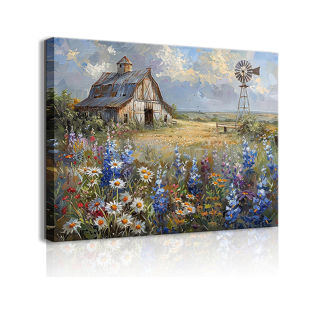 Barn Windmill Canvas Wall Art Blue Country Wildflowers Meadow Wall Decor Country Farmhouse Landscape Picture Poster Print For Kitchen Living Room Bedr