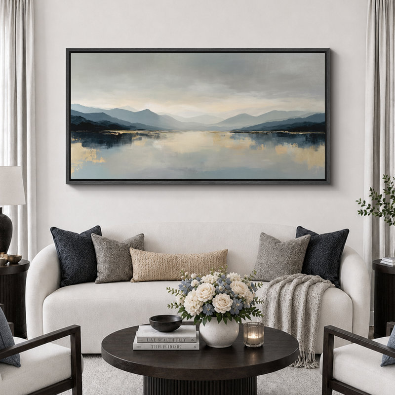 "Serene Mountain Lake Reflection Landscape", très grandes photos, impression sur toile encadrée, Noir, H 30 po x l 60 po