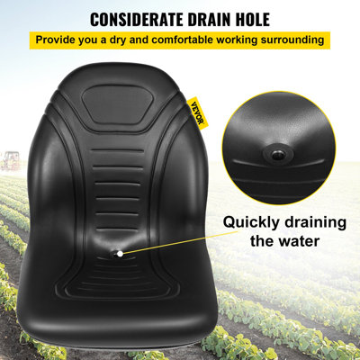 Universal Lawn Tractor Seat Replacement, Compact High Back Mower Seat, Black Vinyl Forklift Seat, Central Drain Hole Skid Steer Seat with Mounting Bolt Patterns of 8\" x 11.5\" & 11.25\" x 11.5\
