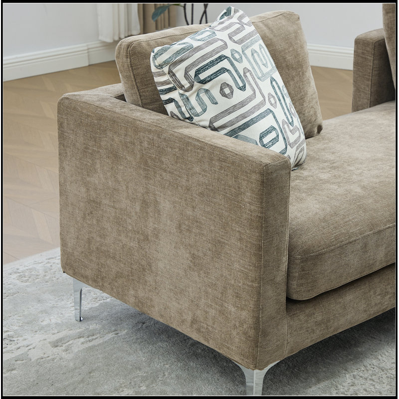 Chaise longue en chenille rembourrée avec 4 coussins, accoudoirs et dossier ouvert, Taupe