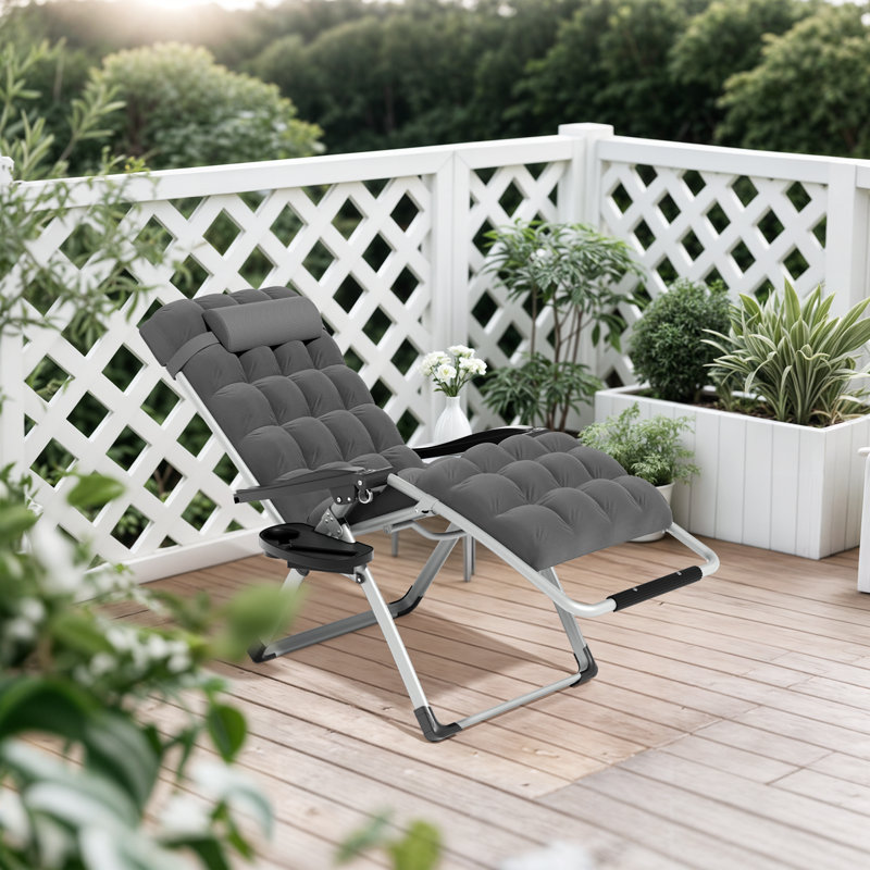 Reinforced Zero Gravity Chair With Cushion & Side Tray Folding Outdoor Lounger 330 Lbs Capacity Adjustable Headrest, Gray