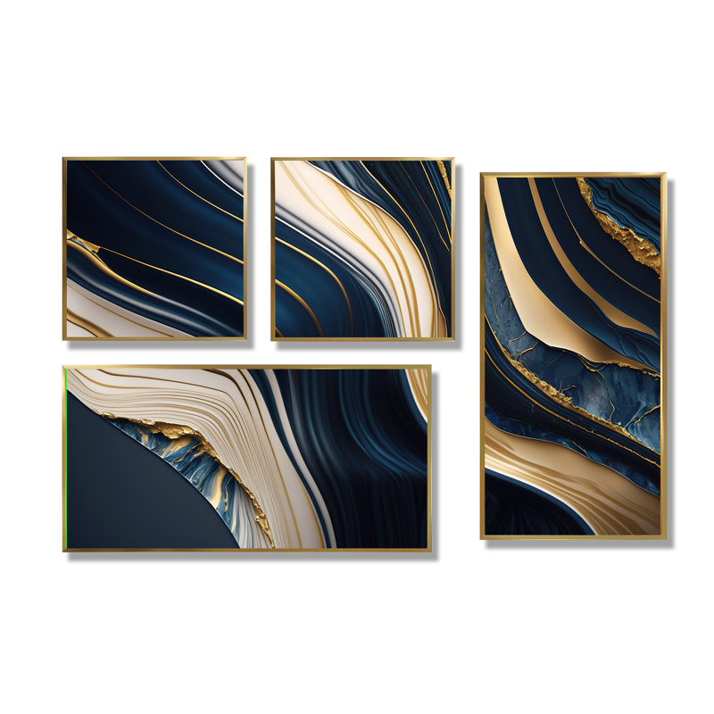 Abstrait géométrique vagues bleues et dorées II - décoration murale moderne bleue 4 pièces, Doré