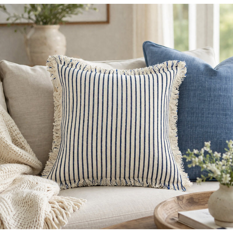 Housse de coussin décoratif à rayures bleues 18 po x 18 po - Mélange de coton, Bleu