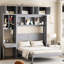 Grand lit en gris, avec trois armoires spacieuses, des tablettes intégrées et un bureau, un design peu encombrant pour les petits espaces avec finition grise, armoire supérieure, étagères, espaces optionnels, matelas-129632319