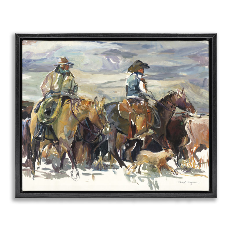 "The Roundup Western", peinture à cadre flottant par Marilyn Hageman, H 25 po x l 31 po, Cadre flottant noir de jais