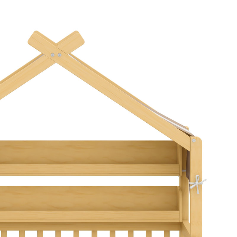 Lit en bois en forme de maison avec tablette de rangement pour tête de lit, Naturel, Lit simple