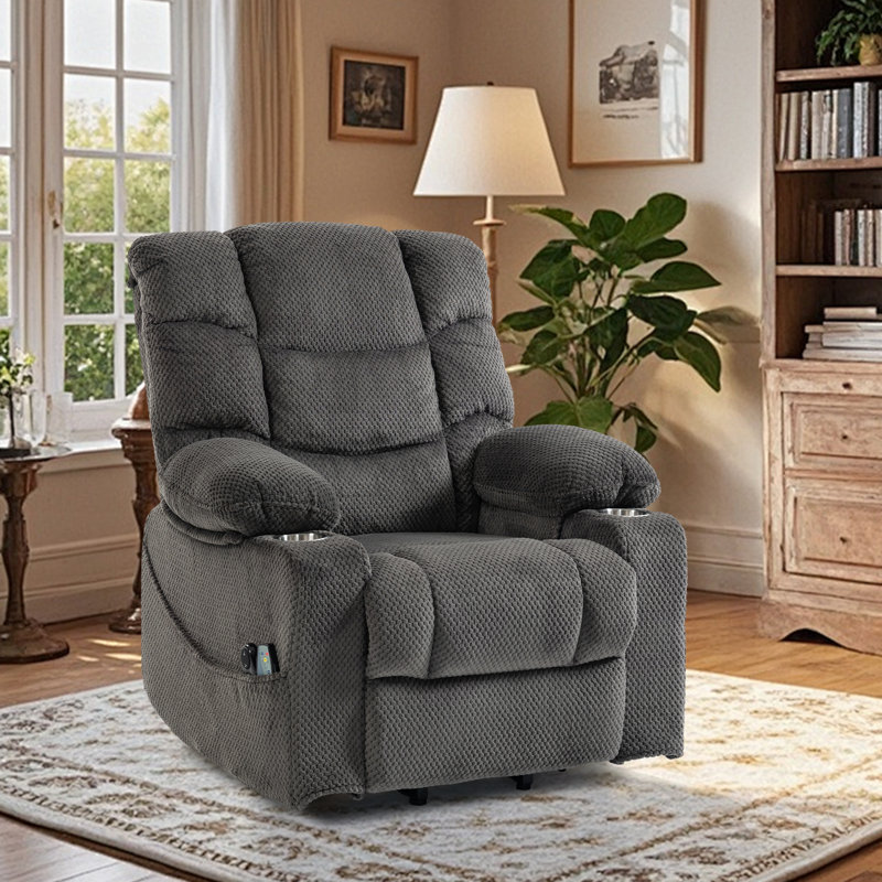 Chira Power Lift Recliner Chair for Elderly, Grey Velvet with Massage & Heat, Overstuffed Reclining Sofa with Cup Holders & Side Pocket