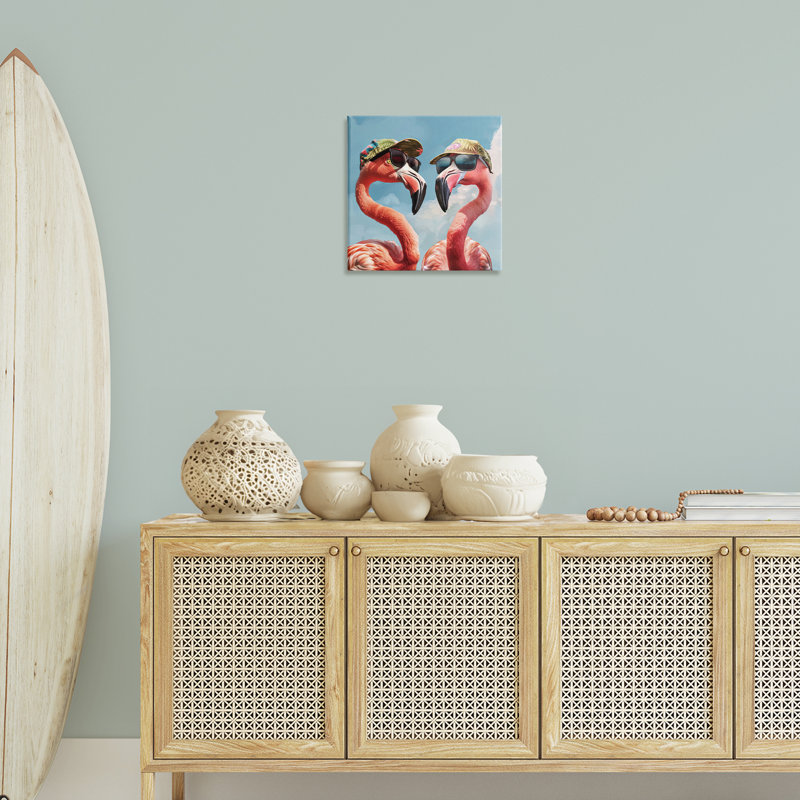 "Flamants avec chapeaux tropicaux", art mural par Jim Baldwin, H 17 po x l 17 po