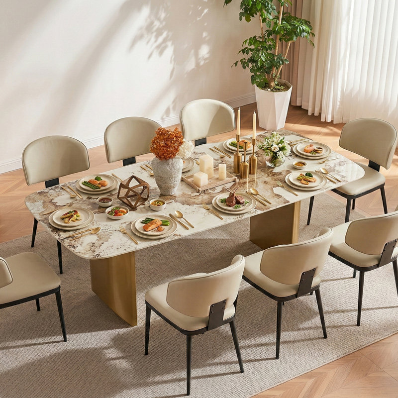 Hugette Modern 78.7" Sintered Stone Dining Table for 6-8 People, Large Rectangle Dining Room Table, Luxury White & Gold Kitchen Table with H-shape Stainless Steel Base (Table Only )
