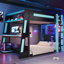 Lit simple superposé en bois avec bureau, deux tablettes de rangement, charge USB et lumière DEL, noir et bleu-668938376-668938388