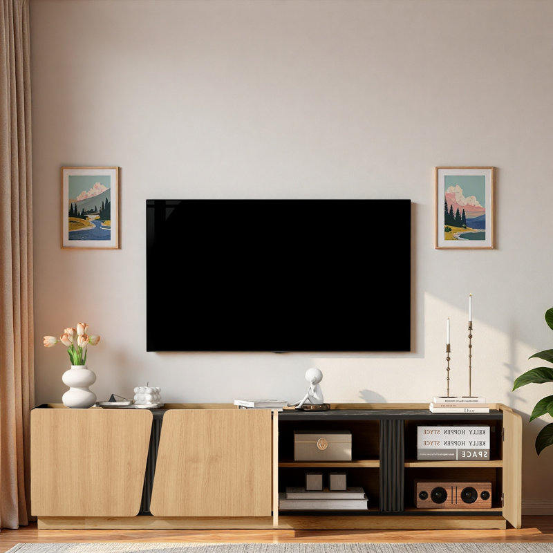 Meuble télé moderne avec coins arrondis, plateau en marbre et tablettes réglables, Chêne