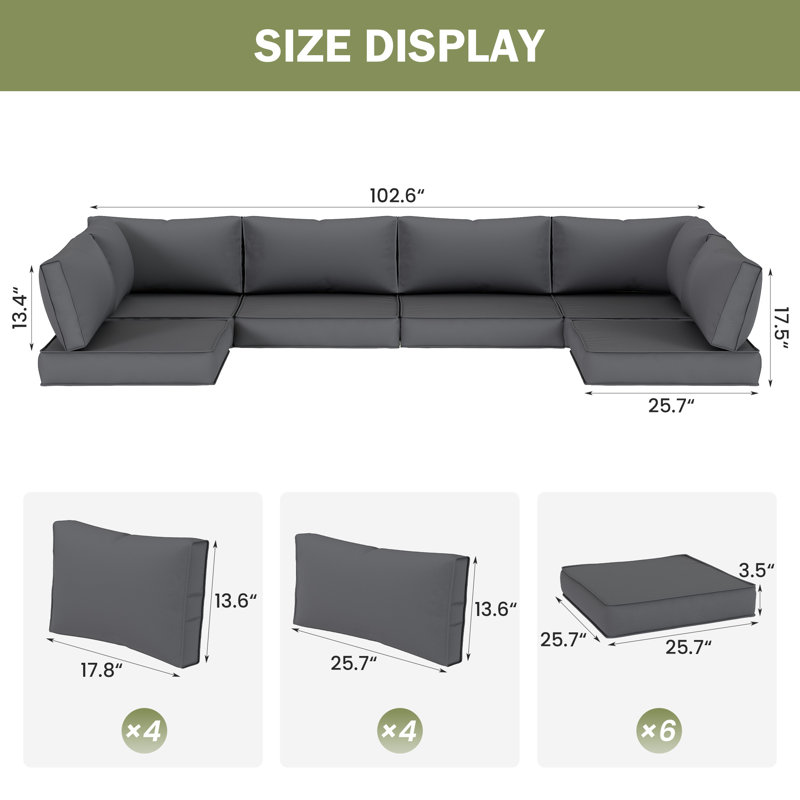 Ensemble de coussins modulaires d'extérieur 14 pièces, coussins de patio de remplacement en tissu résistant à l'eau et à la décoloration, coussins de siège antidérapants avec housses à fermeture à glissière pour meubles de patio