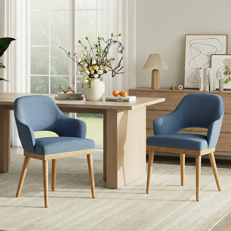 Chaise de salle à manger rembourrée moderne avec pieds en bois, Bleu, Bois naturel
