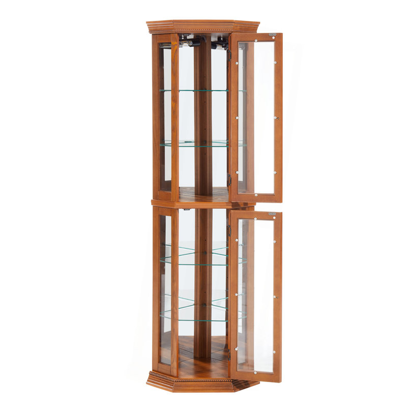 Présentoir de coin avec tablette réglable en verre, porte en verre, H 69,49 po x l 15,35 po x P 15,35 po, Chêne, Oui